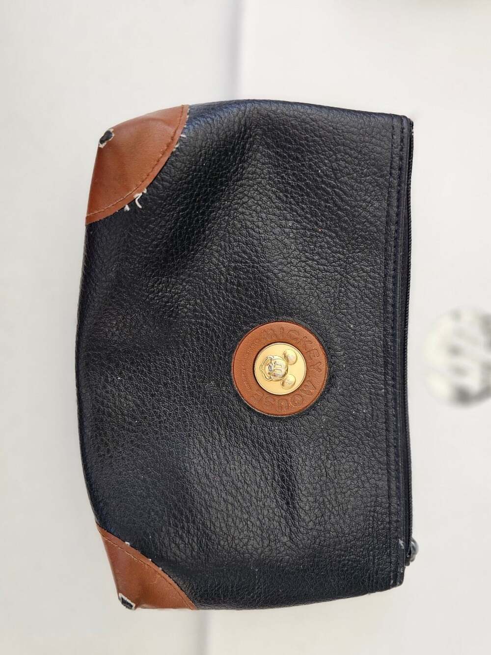 Mickey Mouse Black Leather Cosmetic Pouch With Brown Trim
